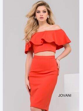 Jovani Tangerine Orange Off-Shoulder Ruffle Crop Top Size 6